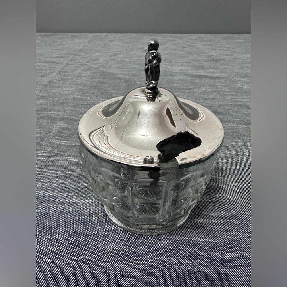 Vintage Cut Glass & Silver Plated Lid Condiment Sugar Dish with Spoon - Picture 3 of 6